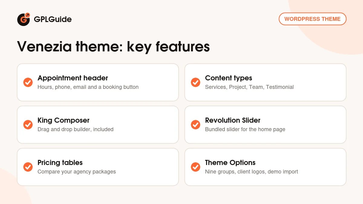 Venezia theme key features: appointment header, services and projects, King Composer, Revolution Slider, pricing tables and theme options