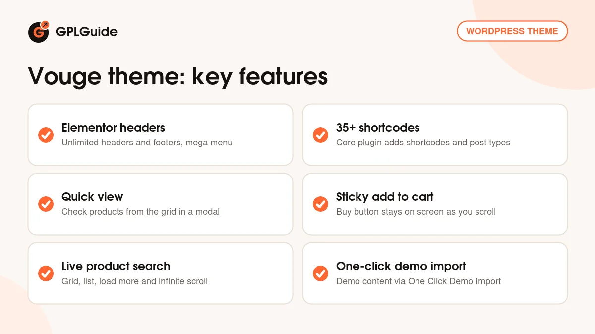 Vouge theme key features: Elementor headers, 35+ shortcodes, quick view, sticky add to cart, live search and demo import