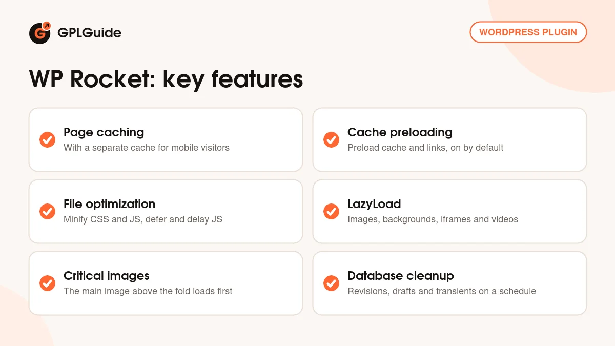WP Rocket key features: page cache, preloading, file optimization, lazy load and database cleanup