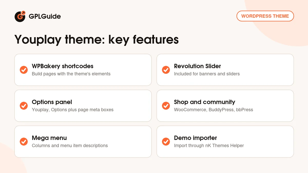 Youplay theme key features: WPBakery shortcodes, parallax banners, shop, forum and profiles, options panel