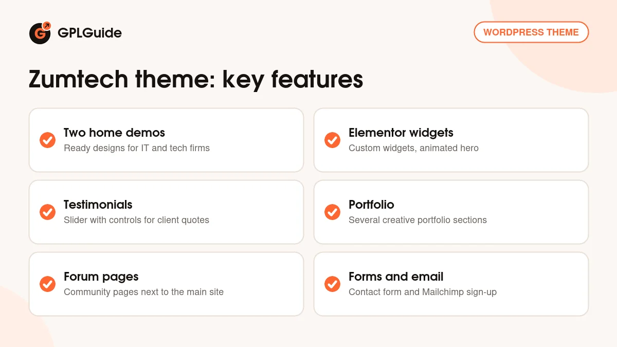 Zumtech theme key features: Elementor widgets, two home demos, animated hero, testimonial slider, portfolio and forum pages